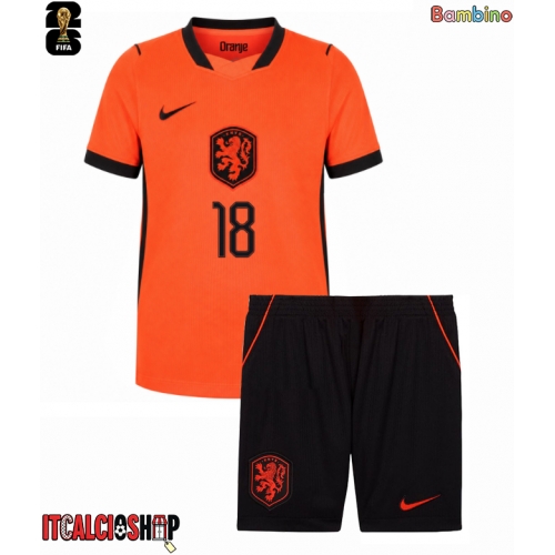 Paesi Bassi Donyell Malen #18 Prima Maglia Bambino Mondiali 2026 Manica Corta (+ Pantaloni corti)